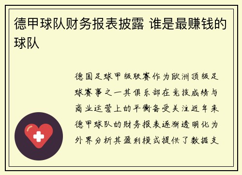 德甲球队财务报表披露 谁是最赚钱的球队